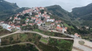 Aerial panoramic view over Chora the beautiful old Village of Alonnisos island in Sporades, Greece