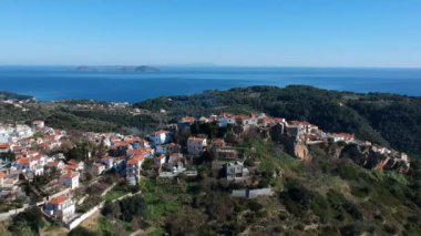 Aerial panoramic view over Chora the beautiful old Village of Alonnisos island in Sporades, Greece