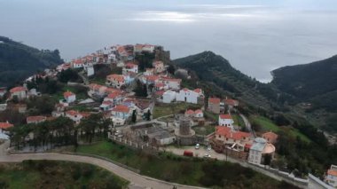 Aerial panoramic view over Chora the beautiful old Village of Alonnisos island in Sporades, Greece
