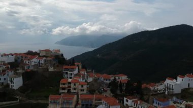 Aerial panoramic view over Chora the beautiful old Village of Alonnisos island in Sporades, Greece