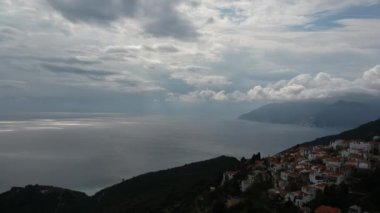 Aerial panoramic view over Chora the beautiful old Village of Alonnisos island in Sporades, Greece