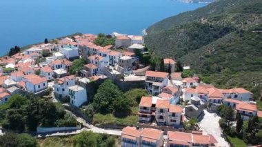 Aerial panoramic view over Chora the beautiful old Village of Alonnisos island in Sporades, Greece
