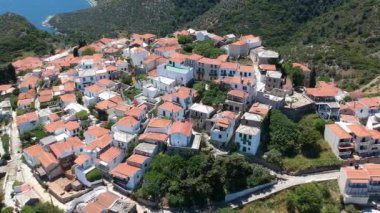 Aerial panoramic view over Chora the beautiful old Village of Alonnisos island in Sporades, Greece