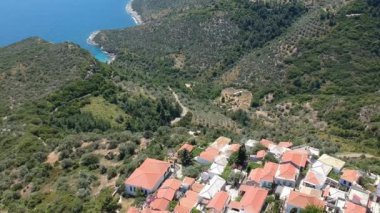 Aerial panoramic view over Chora the beautiful old Village of Alonnisos island in Sporades, Greece
