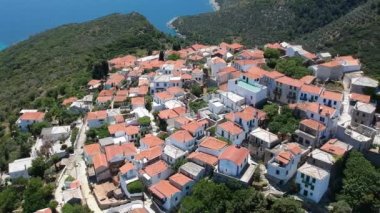 Aerial panoramic view over Chora the beautiful old Village of Alonnisos island in Sporades, Greece