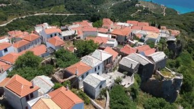 Aerial panoramic view over Chora the beautiful old Village of Alonnisos island in Sporades, Greece