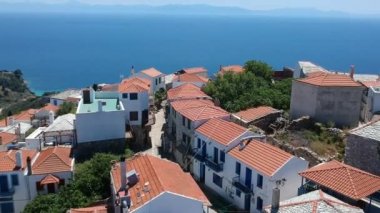 Aerial panoramic view over Chora the beautiful old Village of Alonnisos island in Sporades, Greece