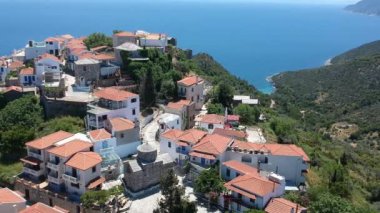 Aerial panoramic view over Chora the beautiful old Village of Alonnisos island in Sporades, Greece