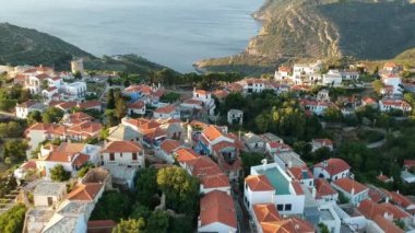 Aerial panoramic view over Chora the beautiful old Village of Alonnisos island in Sporades, Greece
