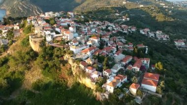 Aerial panoramic view over Chora the beautiful old Village of Alonnisos island in Sporades, Greece