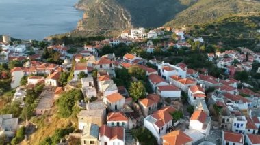 Aerial panoramic view over Chora the beautiful old Village of Alonnisos island in Sporades, Greece
