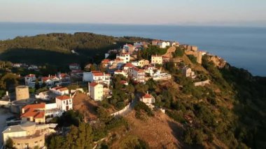 Aerial panoramic view over Chora the beautiful old Village of Alonnisos island in Sporades, Greece