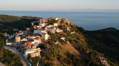 Aerial panoramic view over Chora the beautiful old Village of Alonnisos island in Sporades, Greece
