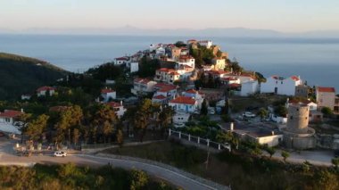 Aerial panoramic view over Chora the beautiful old Village of Alonnisos island in Sporades, Greece