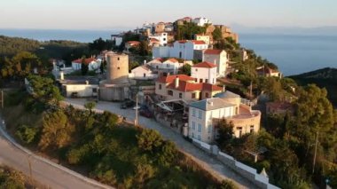 Aerial panoramic view over Chora the beautiful old Village of Alonnisos island in Sporades, Greece