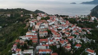 Aerial panoramic view over Chora the beautiful old Village of Alonnisos island in Sporades, Greece