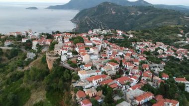 Aerial panoramic view over Chora the beautiful old Village of Alonnisos island in Sporades, Greece