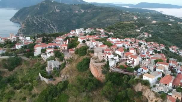 Aerial Panoramic View Chora Beautiful Old Village Alonnisos Island Sporades — Wideo stockowe