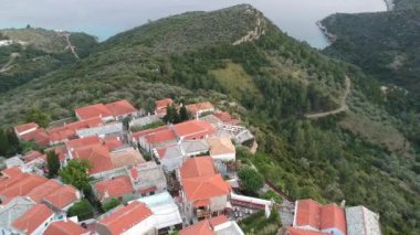 Aerial panoramic view over Chora the beautiful old Village of Alonnisos island in Sporades, Greece