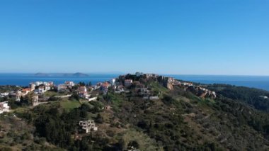 Aerial panoramic view over Chora the beautiful old Village of Alonnisos island in Sporades, Greece
