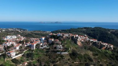 Aerial panoramic view over Chora the beautiful old Village of Alonnisos island in Sporades, Greece