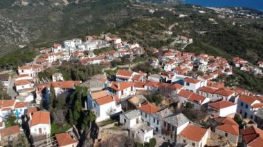 Aerial panoramic view over Chora the beautiful old Village of Alonnisos island in Sporades, Greece