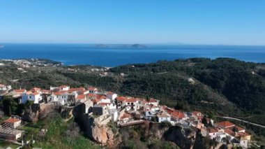 Aerial panoramic view over Chora the beautiful old Village of Alonnisos island in Sporades, Greece
