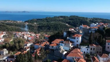 Aerial panoramic view over Chora the beautiful old Village of Alonnisos island in Sporades, Greece