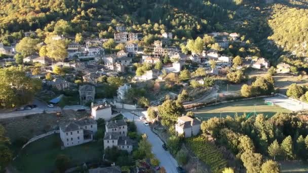 Aerial Panoramic View Picturesque Village Papigo Epirus Greece Sunset Scenic — Stockvideo