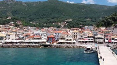 Aerial panoramic cityscape view of Parga city, Greece during the Summer. Beautiful architectural colorful buildings near the port of Parga Epirus, Greece, Europe