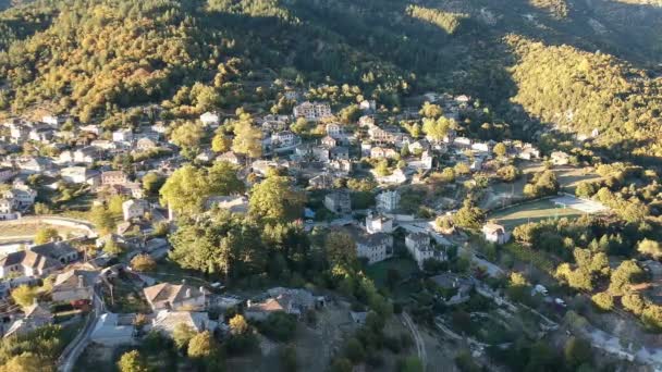 Aerial Panoramic View Picturesque Village Papigo Epirus Greece Sunset Scenic — Stockvideo