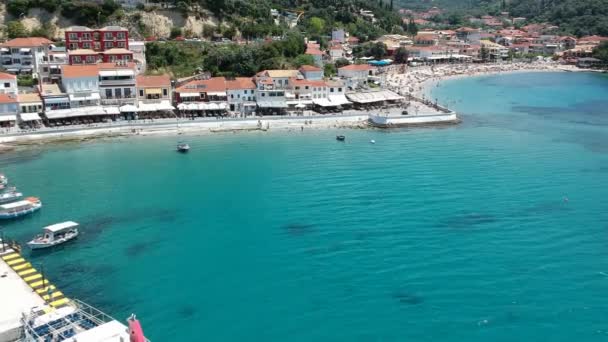 Aerial Panoramic Cityscape View Parga City Greece Summer Beautiful Architectural — Stock Video