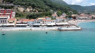 Aerial panoramic cityscape view of Parga city, Greece during the Summer. Beautiful architectural colorful buildings near the port of Parga Epirus, Greece, Europe