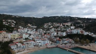 Aerial panoramic view over Patitiri, the capital town of Alonnisos island in Sporades, Aegean sea, Greece in Sporades, Magnesia, Aegean sea, Greece