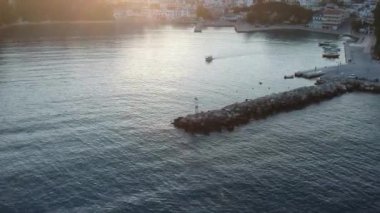 Aerial panoramic view over Patitiri, the capital town of Alonnisos island in Sporades, Aegean sea, Greece in Sporades, Magnesia, Aegean sea, Greece