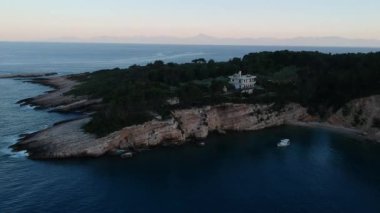 Aerial panoramic view over Patitiri, the capital town of Alonnisos island in Sporades, Aegean sea, Greece in Sporades, Magnesia, Aegean sea, Greece