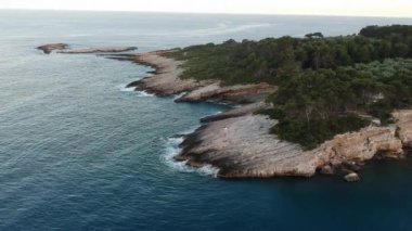 Aerial panoramic view over Patitiri, the capital town of Alonnisos island in Sporades, Aegean sea, Greece in Sporades, Magnesia, Aegean sea, Greece