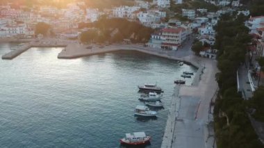 Aerial panoramic view over Patitiri, the capital town of Alonnisos island in Sporades, Aegean sea, Greece in Sporades, Magnesia, Aegean sea, Greece