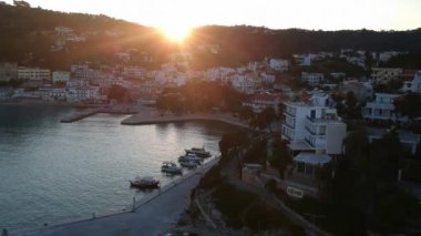 Aerial panoramic view over Patitiri, the capital town of Alonnisos island in Sporades, Aegean sea, Greece in Sporades, Magnesia, Aegean sea, Greece