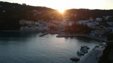 Aerial panoramic view over Patitiri, the capital town of Alonnisos island in Sporades, Aegean sea, Greece in Sporades, Magnesia, Aegean sea, Greece