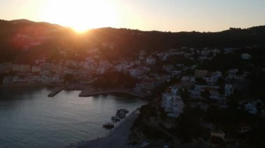 Aerial panoramic view over Patitiri, the capital town of Alonnisos island in Sporades, Aegean sea, Greece in Sporades, Magnesia, Aegean sea, Greece
