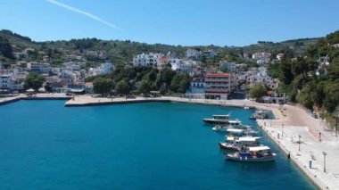 Aerial panoramic view over Patitiri, the capital town of Alonnisos island in Sporades, Aegean sea, Greece in Sporades, Magnesia, Aegean sea, Greece