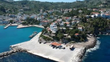 Aerial panoramic view over Patitiri, the capital town of Alonnisos island in Sporades, Aegean sea, Greece in Sporades, Magnesia, Aegean sea, Greece