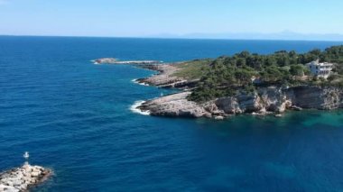 Aerial panoramic view over Patitiri, the capital town of Alonnisos island in Sporades, Aegean sea, Greece in Sporades, Magnesia, Aegean sea, Greece