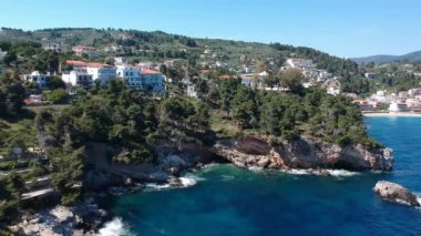 Aerial panoramic view over Patitiri, the capital town of Alonnisos island in Sporades, Aegean sea, Greece in Sporades, Magnesia, Aegean sea, Greece