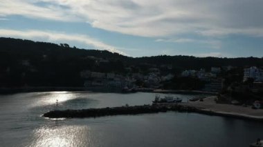 Aerial panoramic view over Patitiri, the capital town of Alonnisos island in Sporades, Aegean sea, Greece in Sporades, Magnesia, Aegean sea, Greece