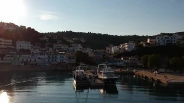 Aerial panoramic view over Patitiri, the capital town of Alonnisos island in Sporades, Aegean sea, Greece in Sporades, Magnesia, Aegean sea, Greece