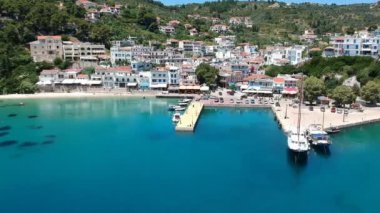 Aerial panoramic view over Patitiri, the capital town of Alonnisos island in Sporades, Aegean sea, Greece in Sporades, Magnesia, Aegean sea, Greece