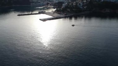 Aerial panoramic view over Patitiri, the capital town of Alonnisos island in Sporades, Aegean sea, Greece in Sporades, Magnesia, Aegean sea, Greece