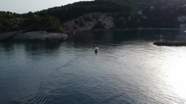 Aerial panoramic view over Patitiri, the capital town of Alonnisos island in Sporades, Aegean sea, Greece in Sporades, Magnesia, Aegean sea, Greece